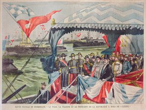 Marineparade in Dünkirchen: Zar Nikolaus II. mit seiner Frau, Zarin Alexandra, mit Präsident Loubet an Bord des Torpedokanonenboots 